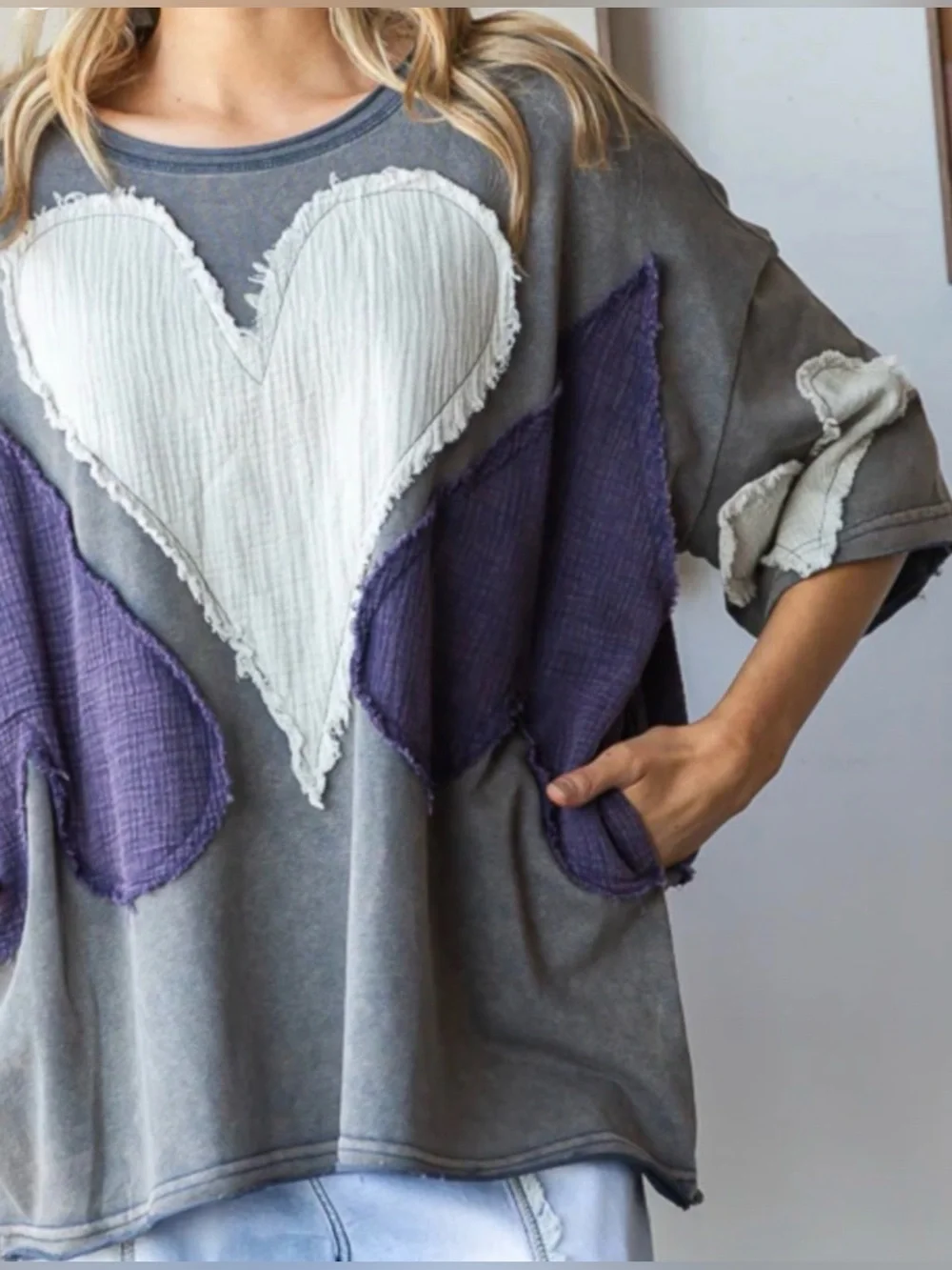 Oli & Hali Gray Tee with Cream and Deep Purple Heart Patches - Picture 6 of 14